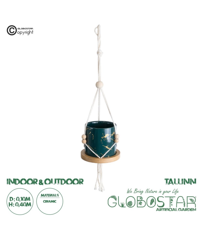 GloboStar® Artificial Garden TALLINN 20546 Κρεμαστό Διακοσμητικό Κεραμικό Κασπώ Γλάστρα - Flower Pot Πράσινο με Χρυσές Λεπτομέρειες και Μπεζ Ξύλινη Βάση Φ10 x Υ40cm